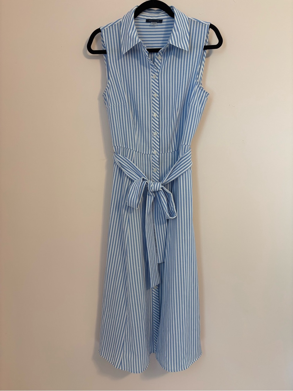 Tommy Hilfiger Light Blue and White Striped Sleeveless Shirt Dress with Tie